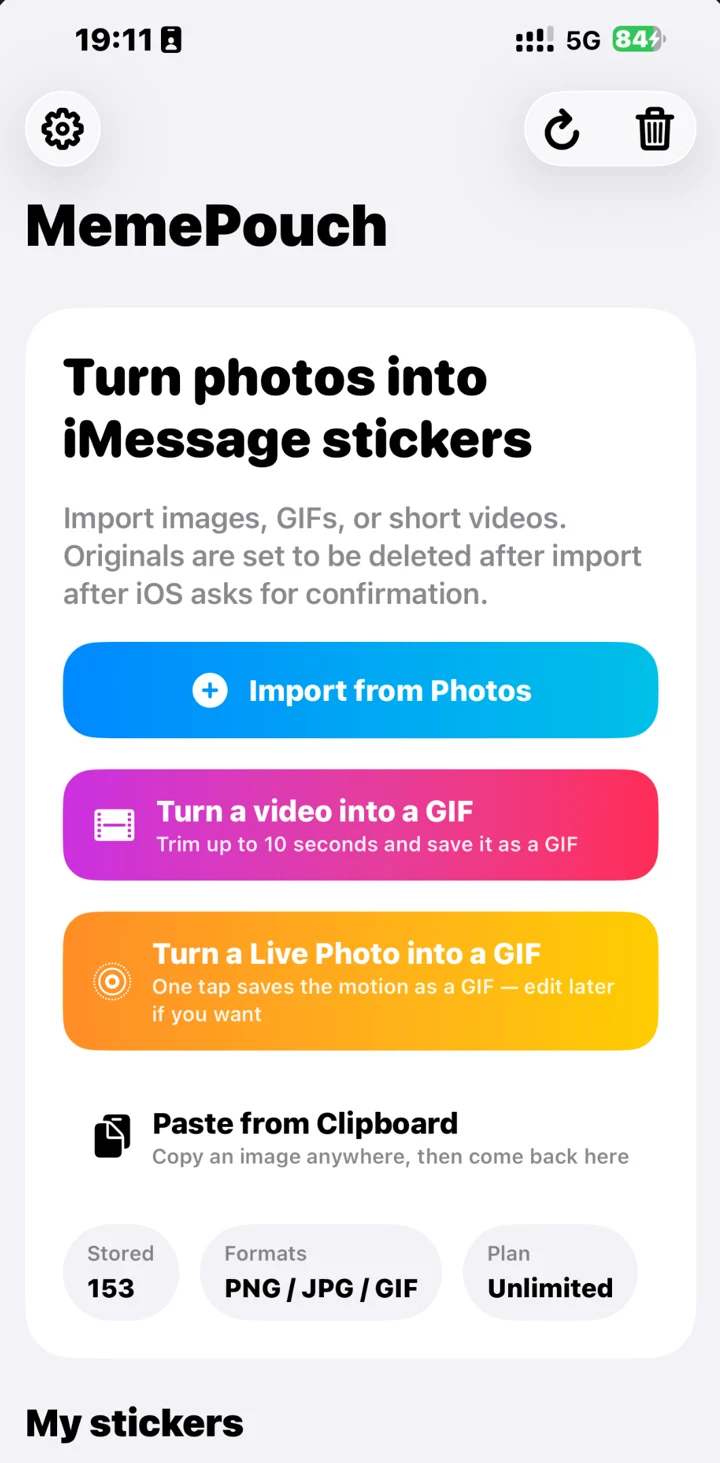 MemePouch home screen — import from Photos, turn a video or Live Photo into a GIF, paste from clipboard