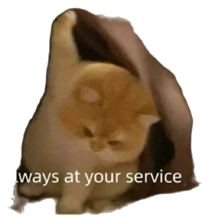 The same cat meme after Apple's Add Sticker: background deleted and the caption clipped to 'lways at your service'