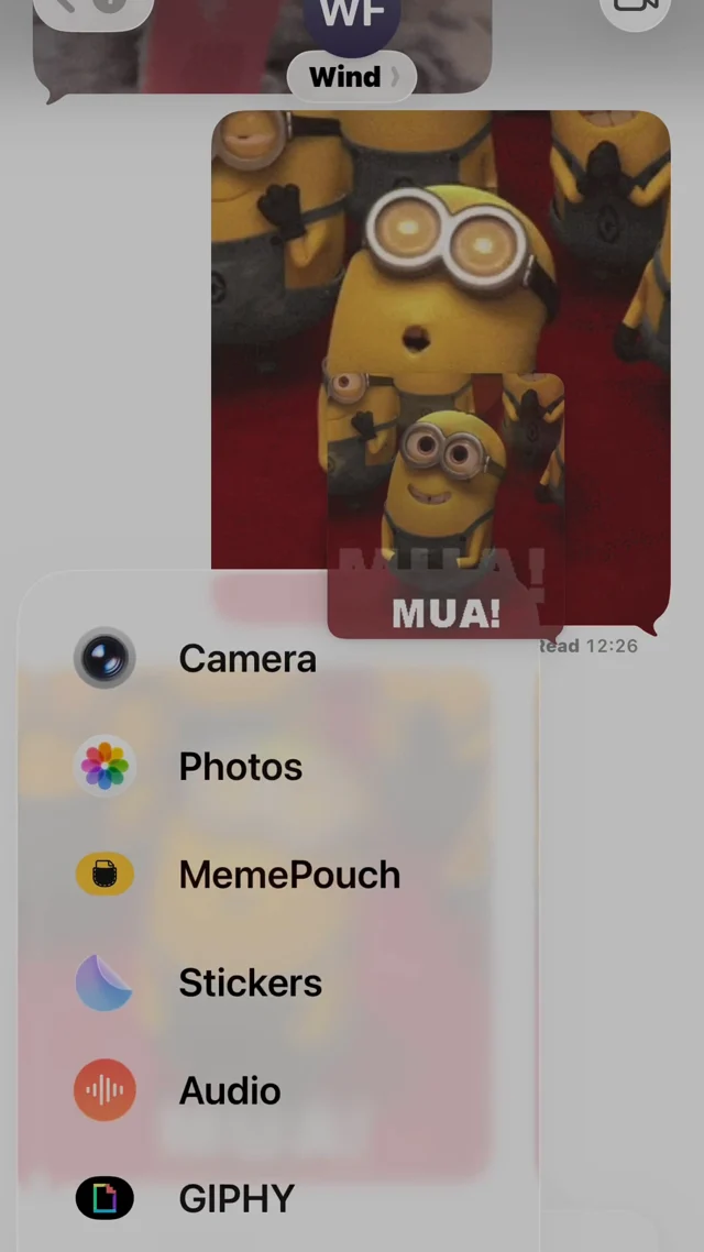 iMessage app drawer with MemePouch next to Camera, Photos and GIPHY