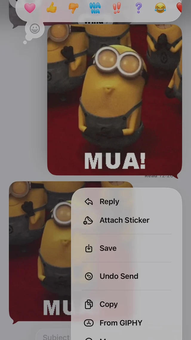 iMessage long-press menu on a sticker showing the Save option that hangs